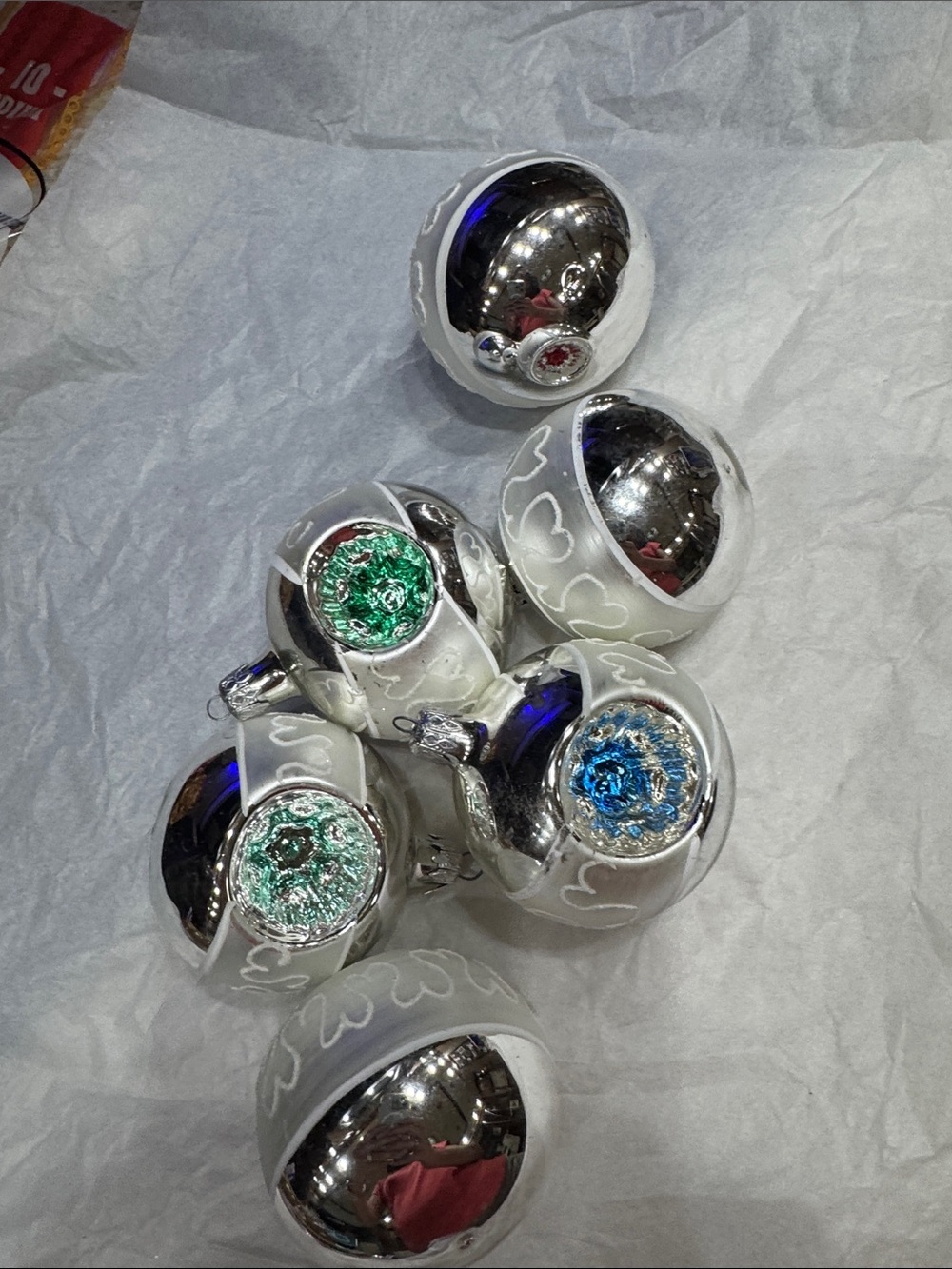 Silver and White Glass Ornaments with Colored Centers set 6